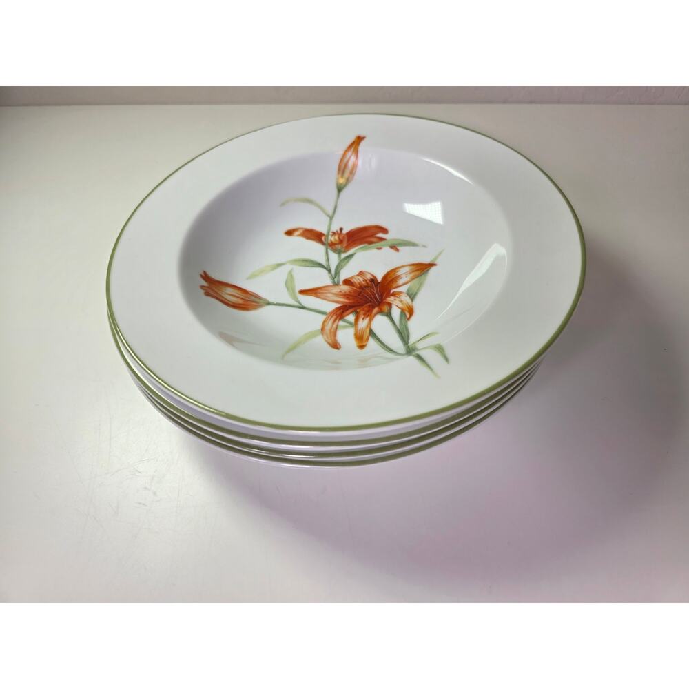 222 FIFTH White Floral BLOOM Green Lip Large Rim Soup Bowls Set of 4 - Picture 3 of 9
